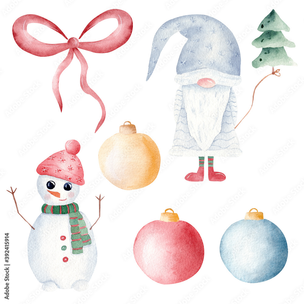 Christmas gnome, snowman, tree and balls watercolor clipart. Hand painted illustration. Printable Xmas decoration.