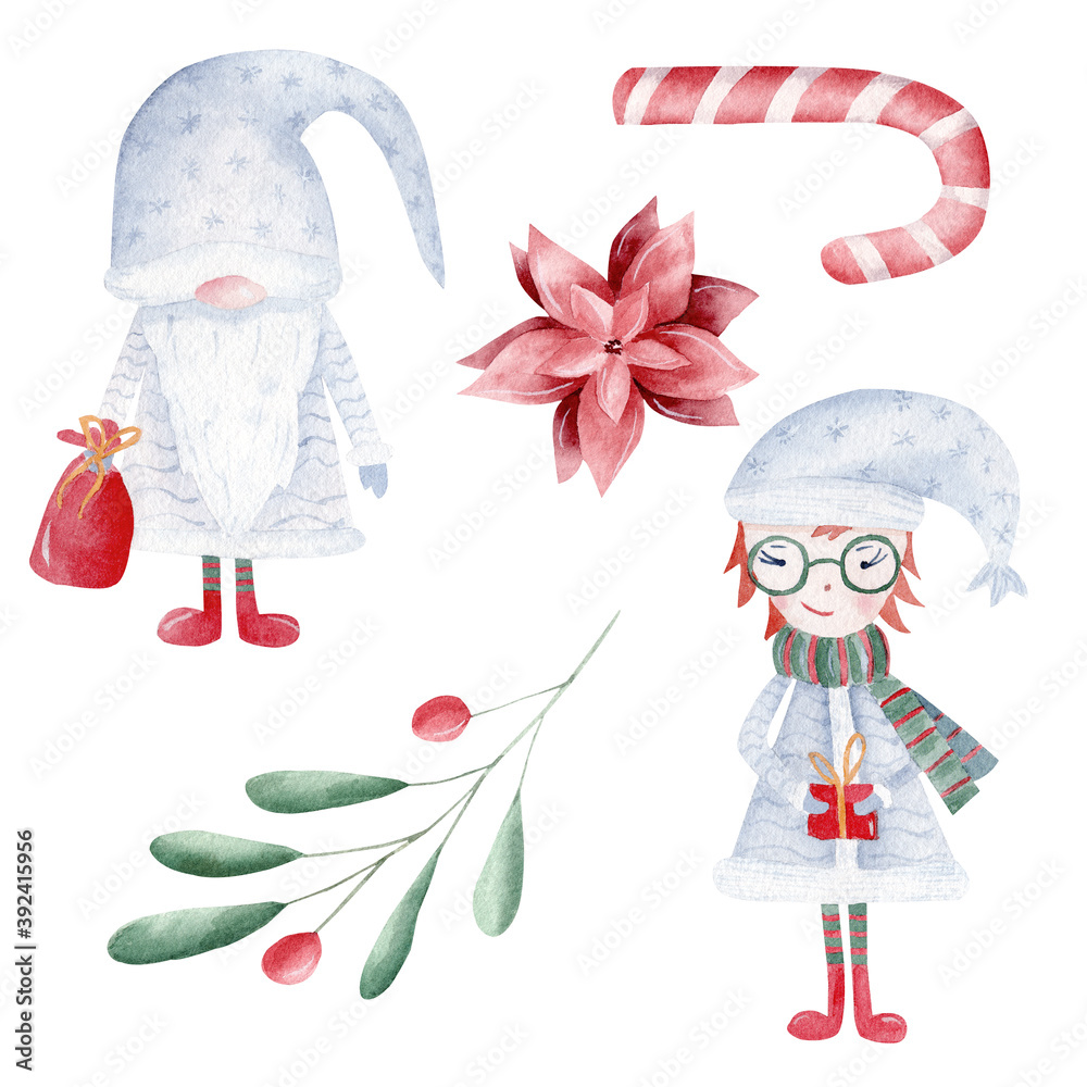 Christmas watercolor clipart set. Hand painted gnome, xmas girl, red flower, candy cane, greenery and berries.