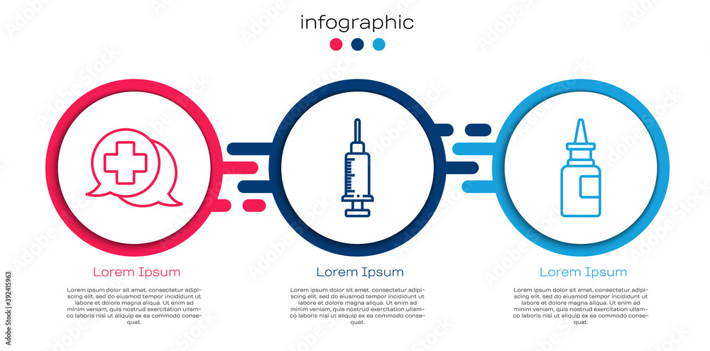 Set line Dialogue with the doctor, Syringe and Bottle nasal spray. Business  infographic template. Vector. Stock Vector | Adobe Stock