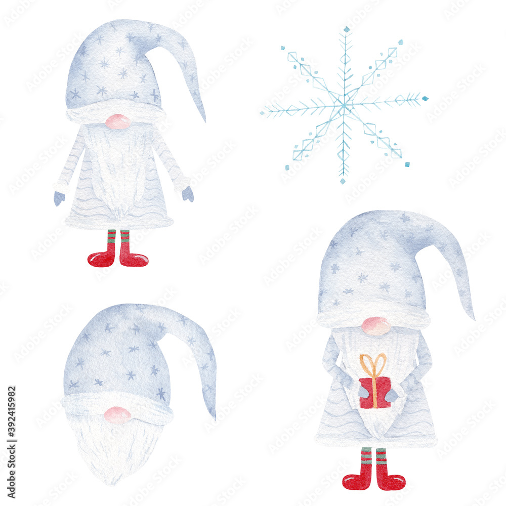 Christmas watercolor gnome and snowflake. Hand painted santa illustration set. Graphics for decorations, greeting cards.