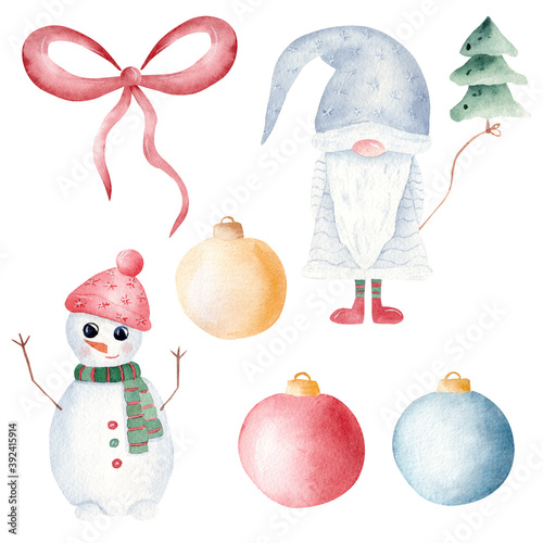 Obraz na płótnie Christmas gnome, snowman, tree and balls watercolor clipart. Hand painted illustration. Printable Xmas decoration. w salonie