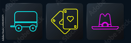 Set line Wild west covered wagon, Western cowboy hat and Playing cards. Black square button. Vector.