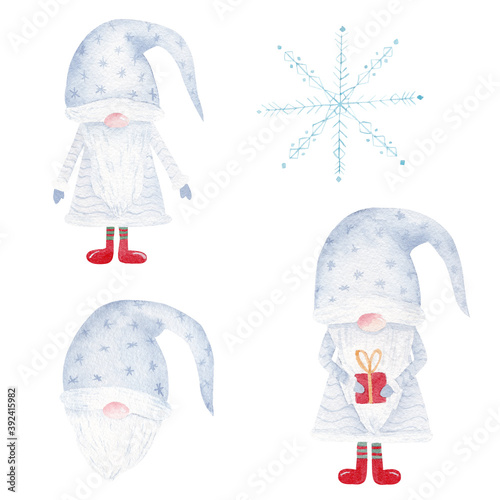 Obraz na płótnie Christmas watercolor gnome and snowflake. Hand painted santa illustration set. Graphics for decorations, greeting cards. w salonie