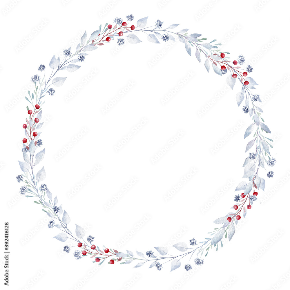 Watercolor greenery and berries wreath. Hand painted clipart. Perfect for Christmas invitation, greeting card, diy.