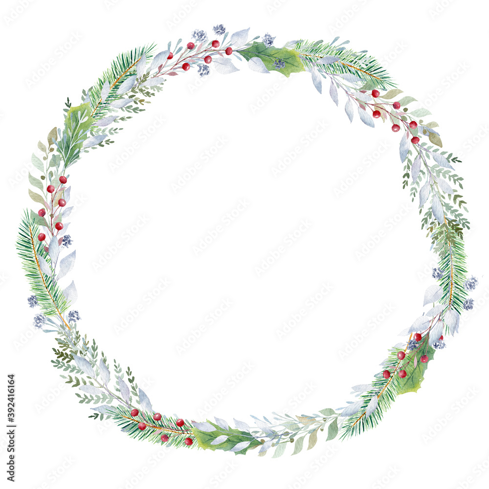 Hand painted watercolor wreath with greenery and red berries. Christmas clipart.
