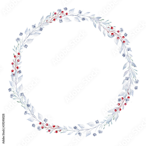 Obraz na płótnie Watercolor greenery and berries wreath. Hand painted clipart. Perfect for Christmas invitation, greeting card, diy. w salonie