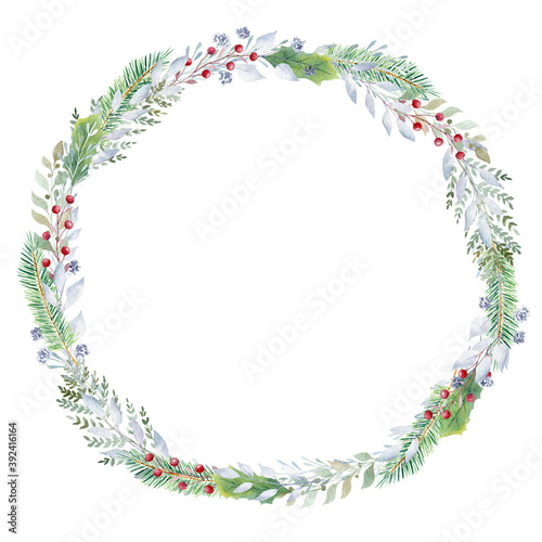 Obraz na płótnie Hand painted watercolor wreath with greenery and red berries. Christmas clipart. w salonie