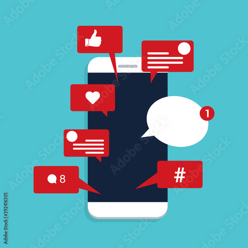 Viral content, social activity and smm - likes, shares and comments popping up on the mobile screen.