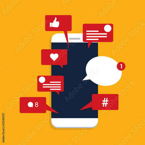 Viral content, social activity and smm - likes, shares and comments popping up on the mobile screen.
