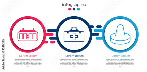 Set line Hockey mechanical scoreboard, First aid kit and Mallet for playing air hockey. Business infographic template. Vector.