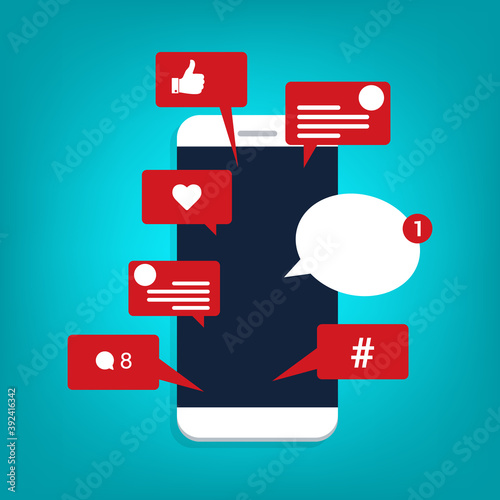Viral content, social activity and smm - likes, shares and comments popping up on the mobile screen.
