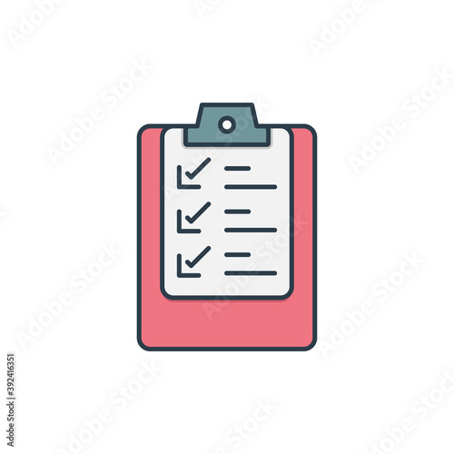 Clipboard checklist or document icon  color  line  outline vector sign  linear style pictogram isolated on white. Symbol  logo illustration. Editable stroke. Pixel perfect