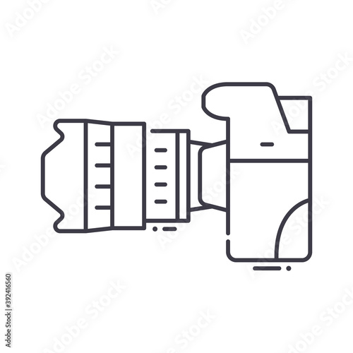 Camera side view icon, linear isolated illustration, thin line vector, web design sign, outline concept symbol with editable stroke on white background.