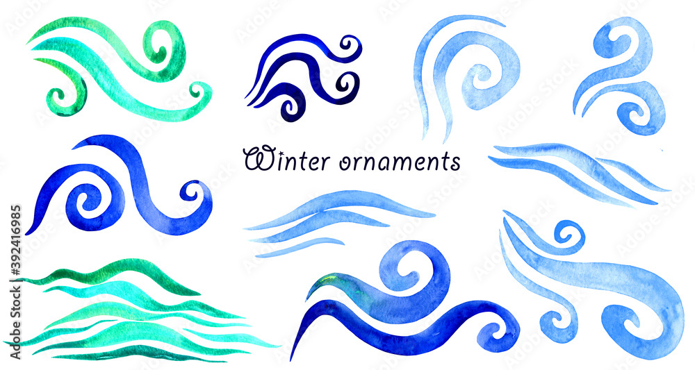 Winter ornaments set - abstract winter geometric shapes. Symbols of cold weather, wind, snow and ice. Isolated elements in blue colors. Watercolor illustration.