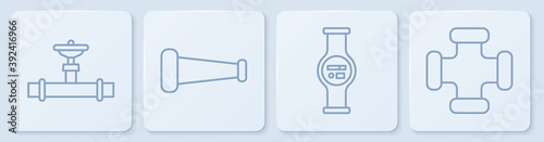 Set line Industry pipe and valve, Water meter, Industry metallic pipe and Industry metallic pipe. White square button. Vector.
