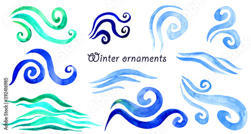 Winter ornaments set - abstract winter geometric shapes. Symbols of cold weather, wind, snow and ice. Isolated elements in blue colors. Watercolor illustration.
