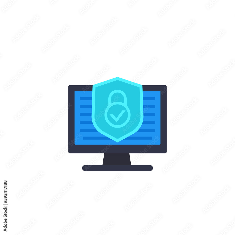 computer security icon with shield and pc on white computer security icon with shield and pc on white