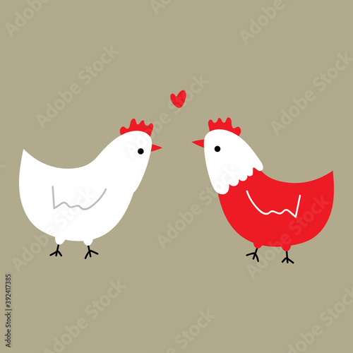Cute two chickens with red heart in pastel grey background