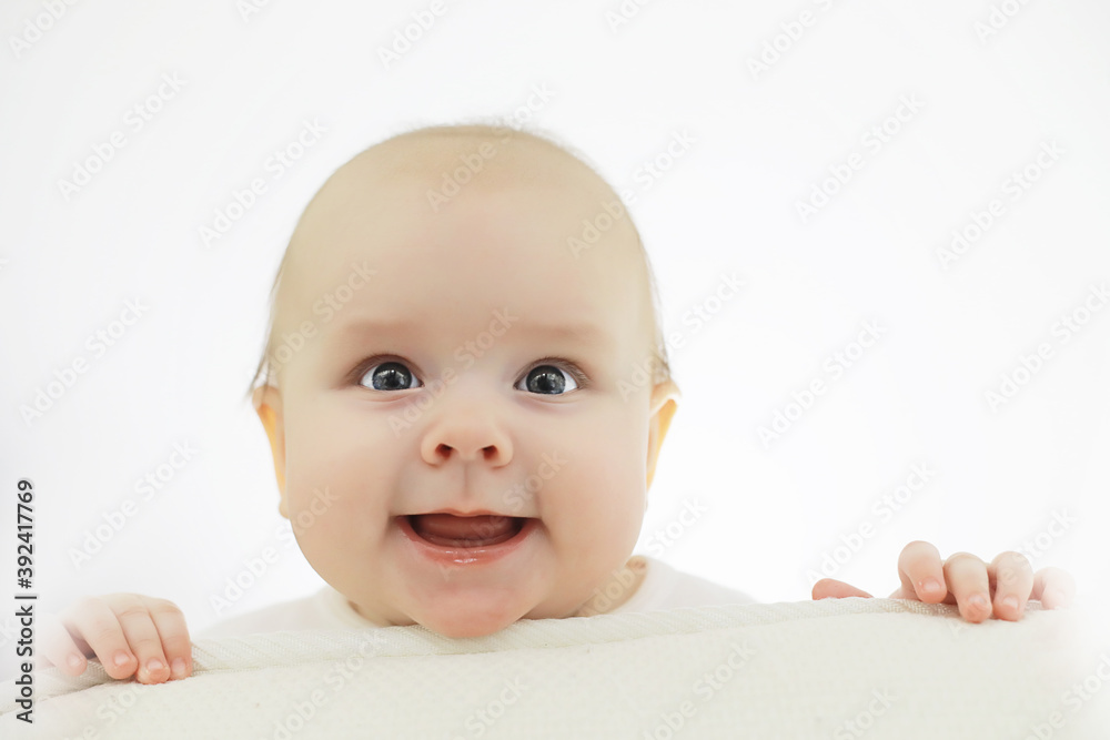 Baby and emotions. Little baby and place for text.