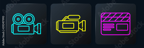 Set line Cinema camera, Movie clapper and Cinema camera. Black square button. Vector.