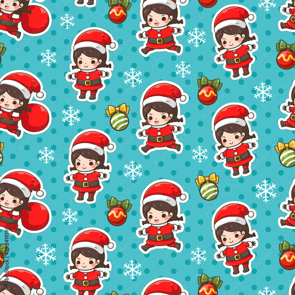 Cute Santa girl Seamless Pattern. Cute character cartoon. Santa claus, kid, Snowflake, and ball. Blue and dot background. Vector illustration. Wallpaper, Web page background, Card and banner design.