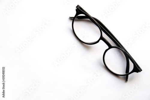 clasic and modern black glasses isolated black square eyeglasses frameon white background, Glasses isolated on white with clipping path. background with black researcher glasses for academic writing