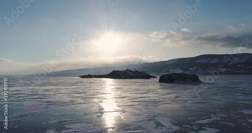 Lake Baikal in winter. The abstract and dense lines of ice. A popular travel destination in Russia. Aerial view of the ice.