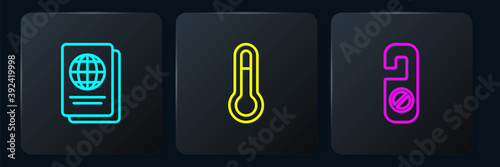 Set line Passport, Please do not disturb and Meteorology thermometer. Black square button. Vector.