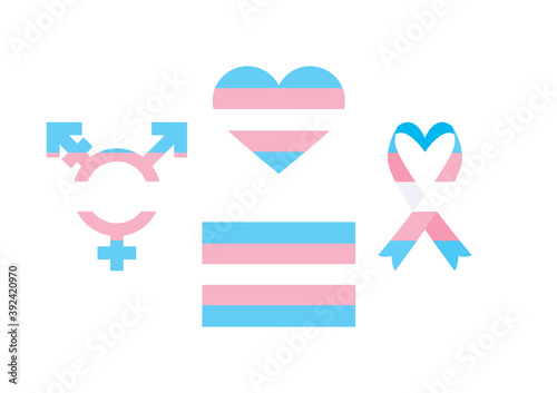 Transgender flag in heart shape, ribbon, gender symbol icon vector. Transgender flag icon set isolated on a white background. Transgender awareness ribbon vector. Transgender flag with colored symbol