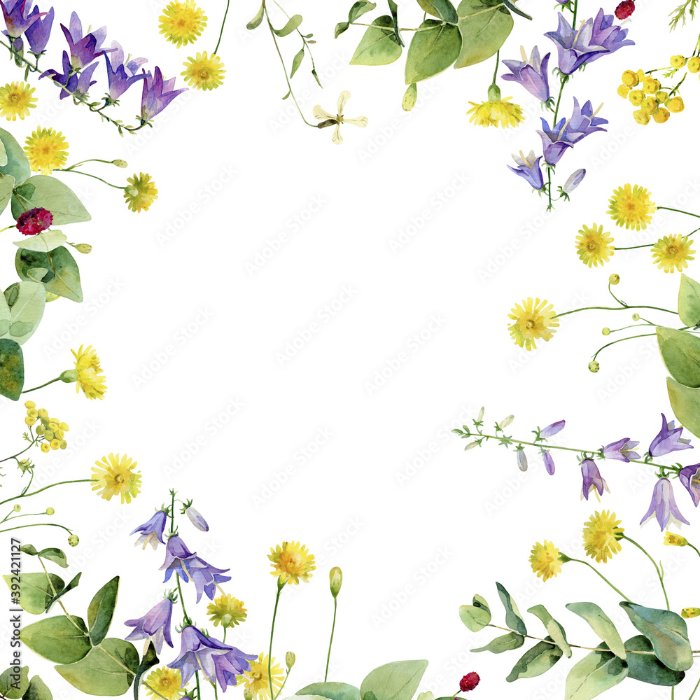 Watercolor frame of bell flowers, yellow flowers and eucalyptus