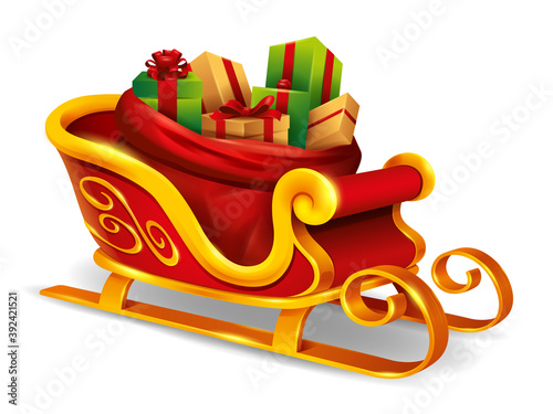 Christmas Santa Claus sleigh with sack bag loaded with gift box presents. Isolated. photo