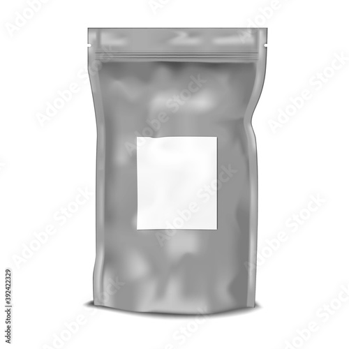 Crumpled vacuum standup ziplock pouch with white blank label sticker, vector mockup. Foil or plastic gussetted bag with zip lock closure and tear notches, mock-up. Template for design