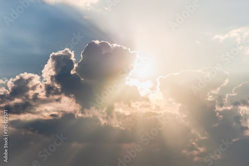 Sunrise with White, Gray clouds on blue dramatic sky Sunbeam, background look abstract nature.