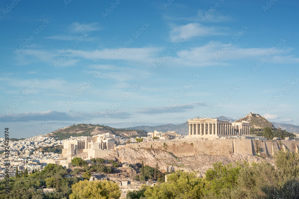 Naklejka premium View of Athens with the Acropolis in the background against the blue sky