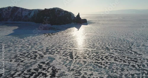 Lake Baikal in winter. The abstract and dense lines of ice. A popular travel destination in Russia. Aerial view of the ice.