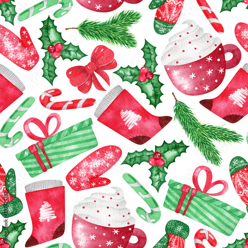 Watercolor Hand drawn colorful seamless pattern with Christmas elements. Xmas and winter holidays. Pattern for greeting card, fabric, wrapping paper.