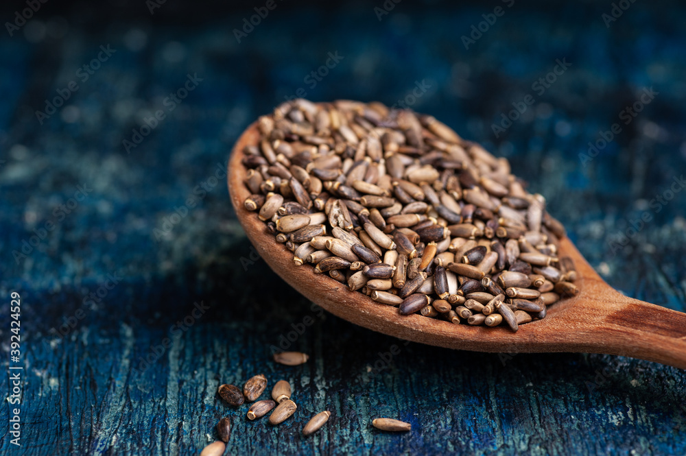 Milk thistle seeds in wooden spoon on blue background Milk thistle seeds in wooden spoon on blue background