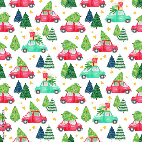 Watercolor Christmas red truck seamless pattern. New year background, Christmas tree, wrapping digital paper, textile pattern with Christmas red car.