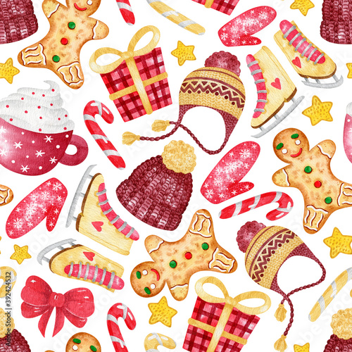 Watercolor Hand drawn colorful seamless pattern with Christmas elements. Xmas and winter holidays. Pattern for greeting card, fabric, wrapping paper.