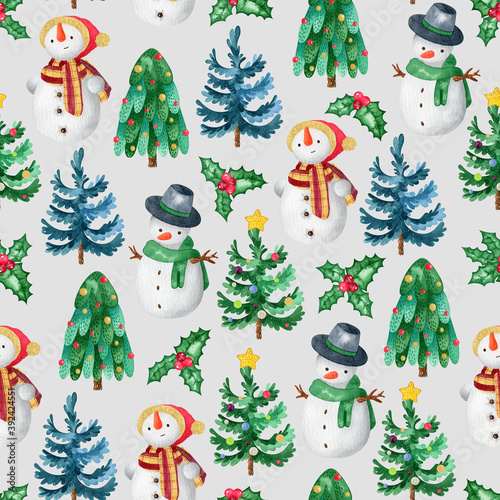 Watercolor Seamless pattern with Christmas tree and Snowman for winter holidays design, watercolor New Year illustration. Christmas paper for greeting card, scrapbooking, fabric.