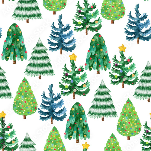 Watercolor Seamless pattern with Christmas tree and Snowman for winter holidays design, watercolor New Year illustration. Christmas paper for greeting card, scrapbooking, fabric. © cheesyfox