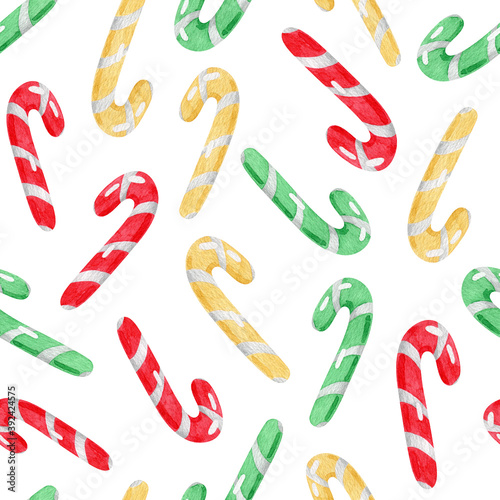 Watercolor Christmas Candy Cane seamless pattern. Red and cream colors. Illustrations of candy canes isolated on the white background