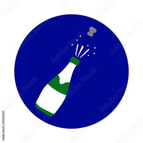 Minimalistic bright New Year illustration. Sparkling wine bottle with a pop-out stopper on blue background. It can be use as icon in social media