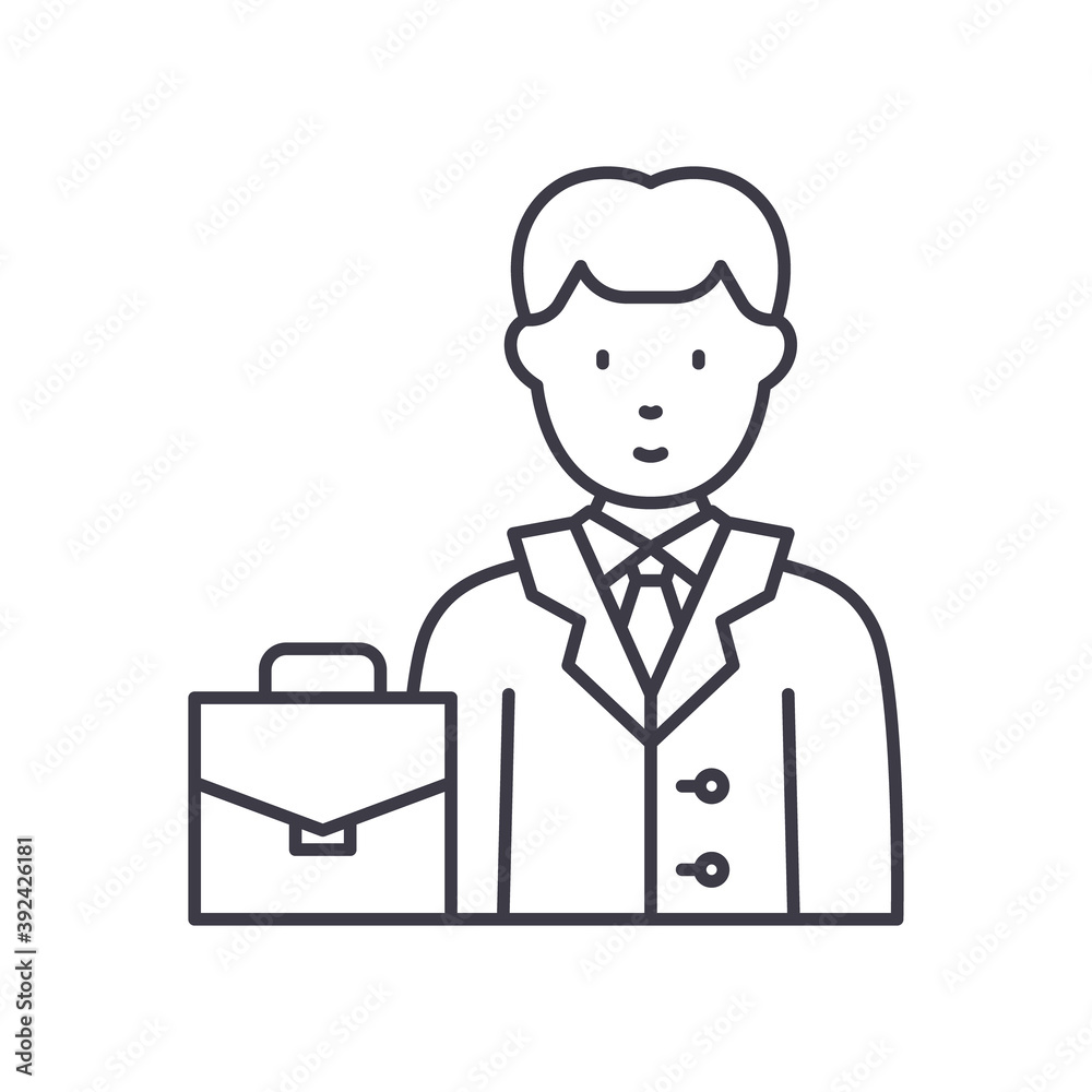 Businessman with case icon, linear isolated illustration, thin line vector, web design sign, outline concept symbol with editable stroke on white background.