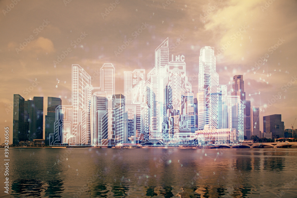 Obraz premium Double exposure of buildings hologram over cityscape background. Concept of smart city.