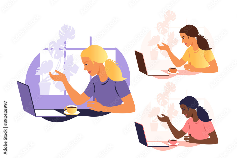 A woman works and communicates on a laptop computer, sitting at a table at home with a Cup of coffee and papers. Vector illustration. Flat. Set. A woman works and communicates on a laptop computer, sitting at a table at home with a Cup of coffee and papers. Vector illustration. Flat. Set.