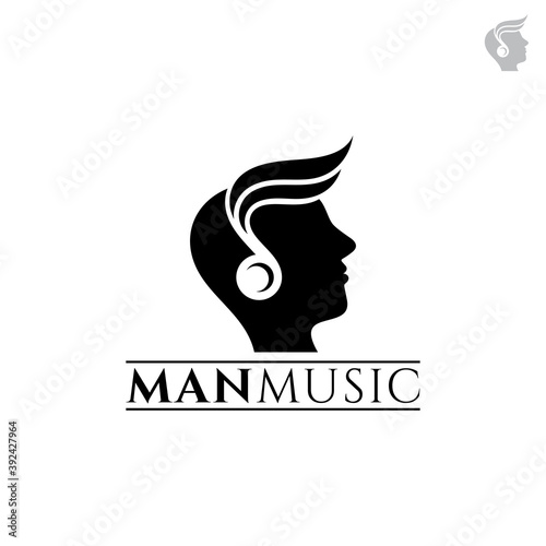 Man music logo. Male head with music note and headphone shape  simple flat musical logo concept in black color