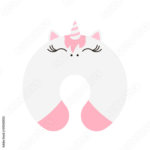 Travel pillow with cute unicorn face icon isolated on white background. Neck protection relaxation accessory with unicorn image. Snooze sign with animal print flat design cartoon vector illustration.