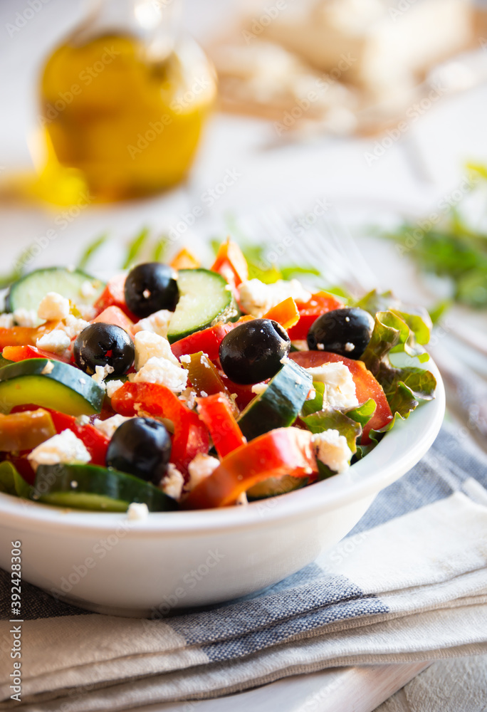 Greek salad with vegetables and feta cheese, healthy vegetable meal