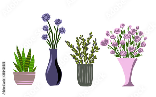Indoor garden plants and fresh flowers isolated on white background. House growing potted houseplants set for greenhouse design. Geranium and Hydrangea, Coleus and Cactus, vector illustration